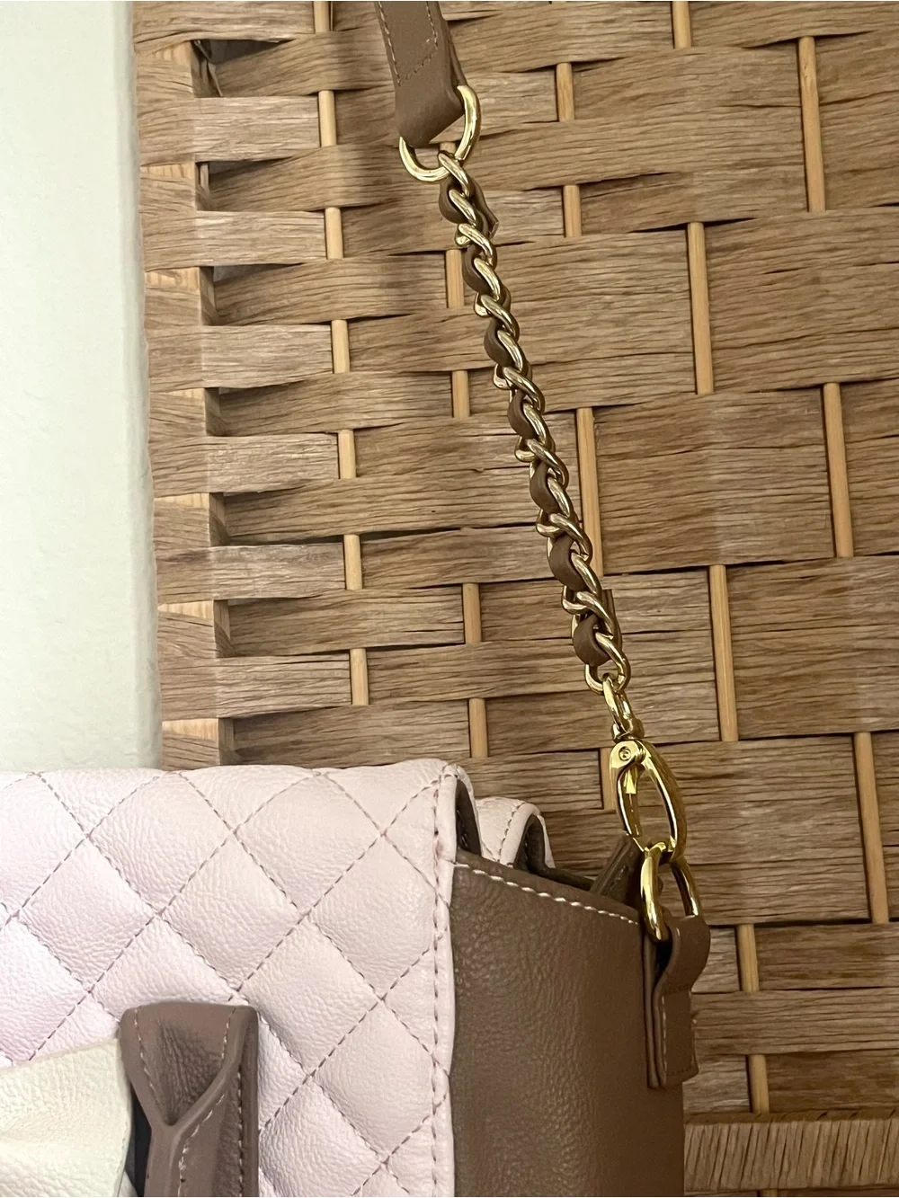 Betsey Johnson Pink Quilted Crossbody with Brown Trim & Cream Bow